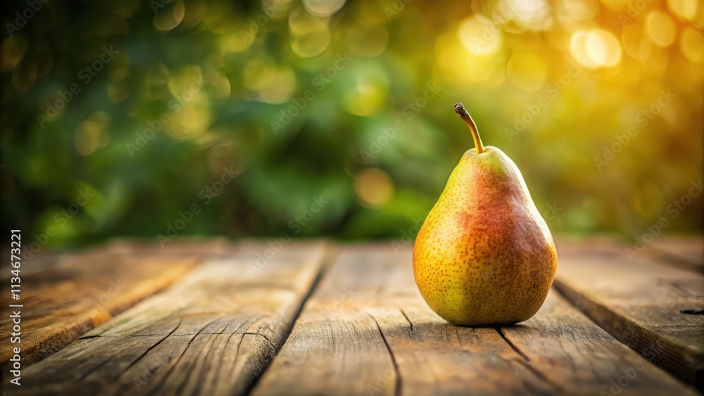 Poster a single ripe pear resting on rustic wooden planks with a soft, sun-drenched backdrop of blurred gre