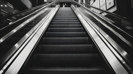Black and white photo of an escalator going upwards.
