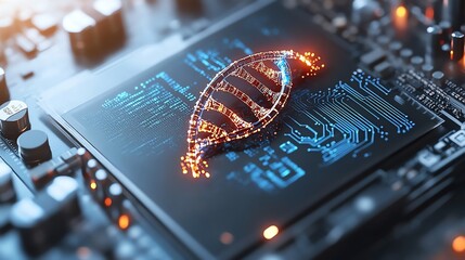 Futuristic DNA hologram displayed on a microchip, symbolizing advanced technology and genetic engineering