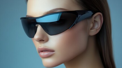 Naklejka premium Stylish woman in oversized sunglasses with vibrant lighting