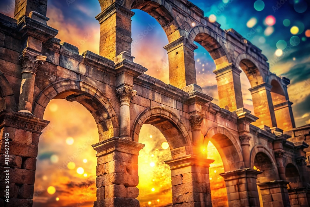 Poster architectural elegance of ruins: a close-up double exposure of arches with bokeh effect capturing th