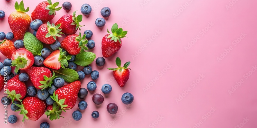 Poster freshly picked strawberries and blueberries scattered on a vibrant pink surface, creating a delightf