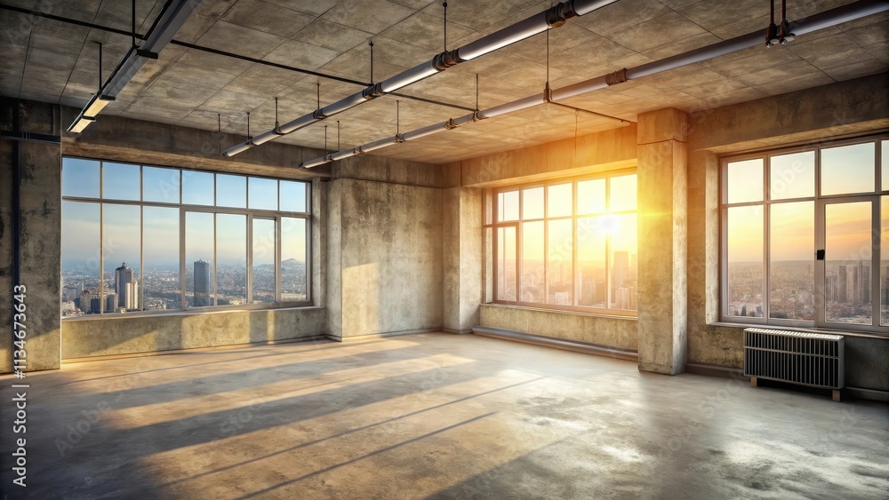 Poster empty room with exposed concrete walls and windows offering a panoramic view of a city skyline at su