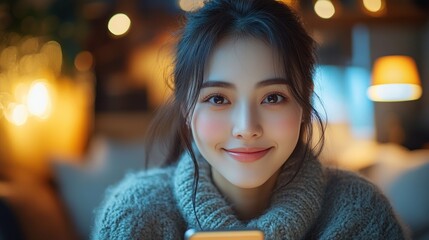 Woman Smiling While Using Smartphone in Living Room