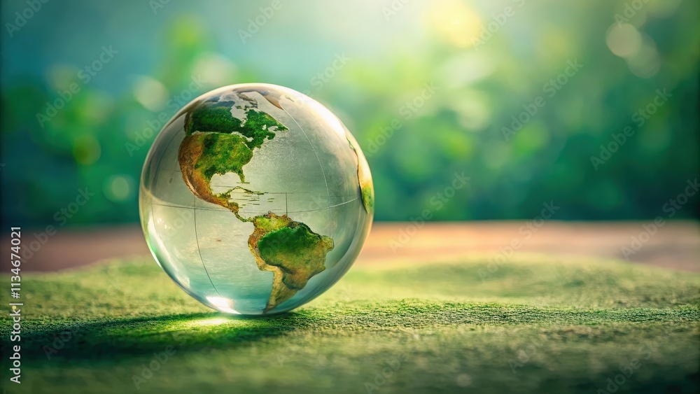 Poster a glass globe representing the earth resting on a bed of green grass in the warm glow of the setting