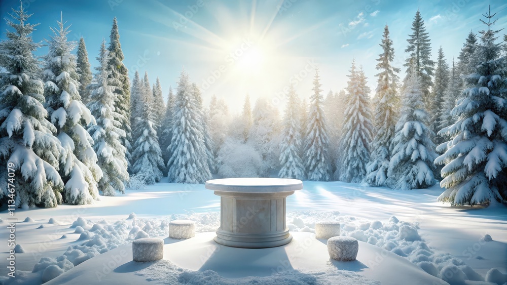 Poster a stone table surrounded by snowy trees in a winter forest with the sun shining through the branches