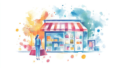 A watercolor clipart of an online store front with various products