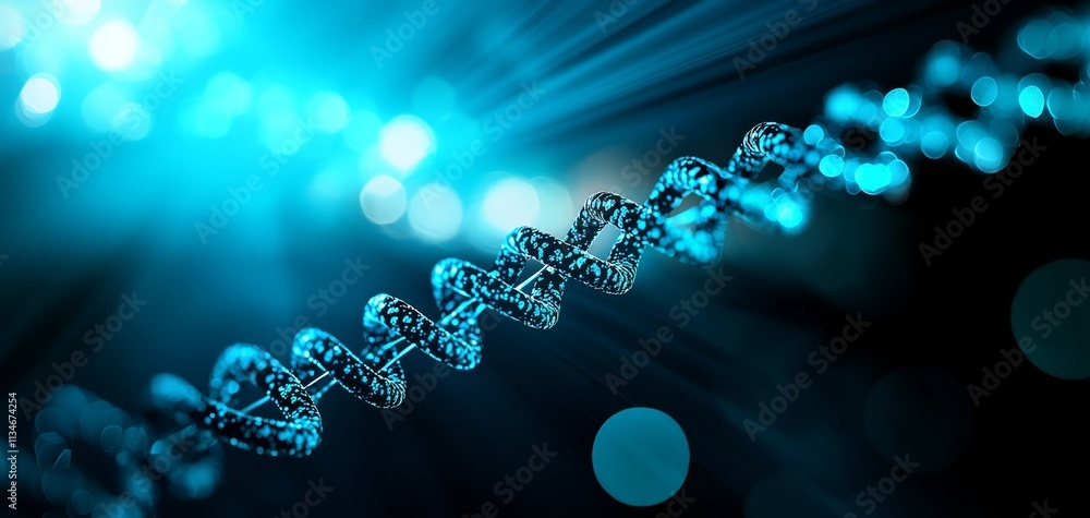 Poster a close-up of a dna double helix illuminated with blue light, showcasing the intricate structure of 