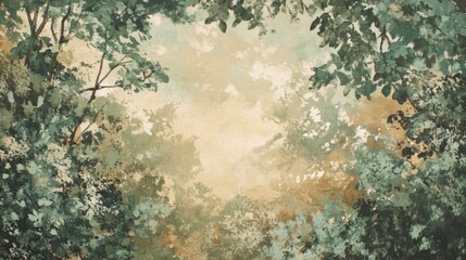 A serene landscape painting depicting lush foliage and a soft, atmospheric background.