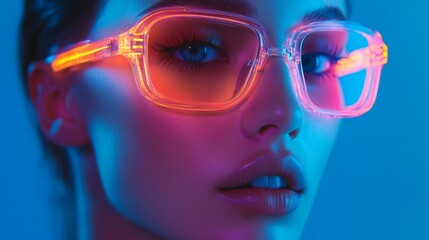 Fashionable woman in transparent glasses with glowing neon lighting