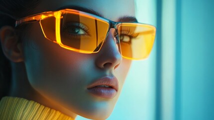 Fashionable woman in bold yellow sunglasses with vibrant lighting