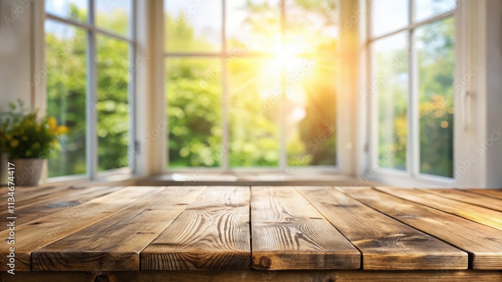 Aufkleber rustic wooden table with a blurred background of a bright sunny window overlooking a green garden