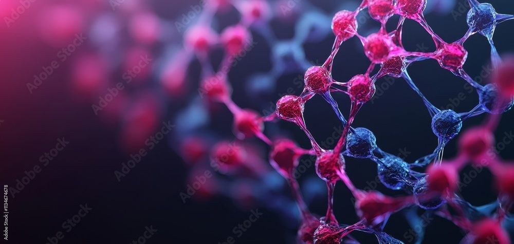 Poster a close-up view of a molecular structure with vibrant colors, showcasing interconnected nodes in a n