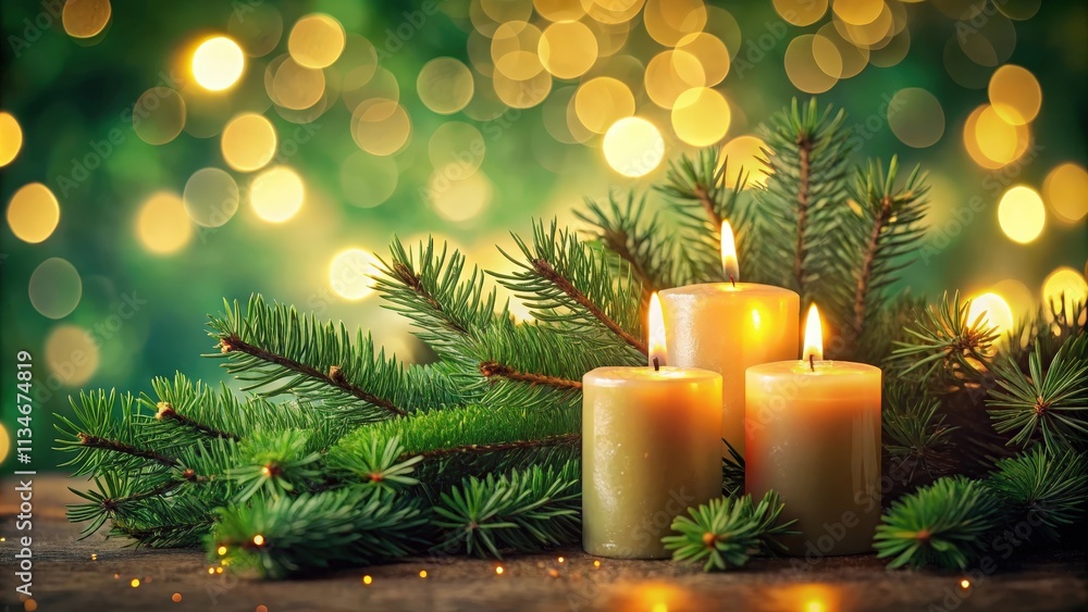 Aufkleber three burning candles surrounded by evergreen boughs and illuminated by a bokeh of warm lights.