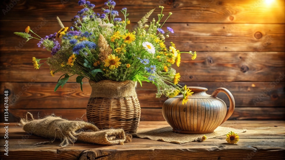Poster rustic still life featuring a bouquet of wildflowers in a wicker vase with a clay jug and burlap acc