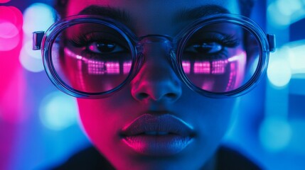 Close-up portrait of a woman in pink futuristic glowing glasses