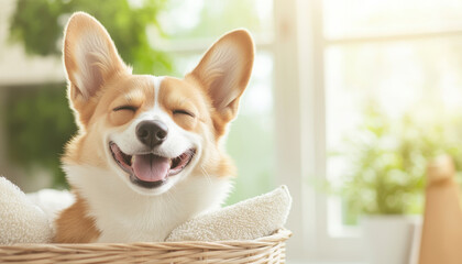 happy dog relaxing in stylish pet spa, surrounded by calming environment. bright and inviting space creates serene atmosphere for pets