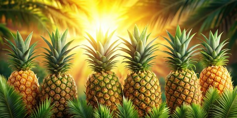 Fototapeta premium Tropical Sunset with a Row of Ripe Pineapples Bathed in Warm Light
