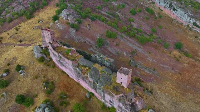 Landscape at the castle of Zafra (12th century). Municipality Campillo Due&ntilde;as. Aerial view from drone. Molina Alto Tajo Geopark. Alto Tajo Natural Park. Guadalajara. Castilla la Mancha. Spain. Europe