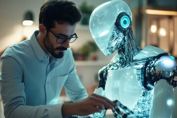 Man Interacting With Advanced Robot Technology