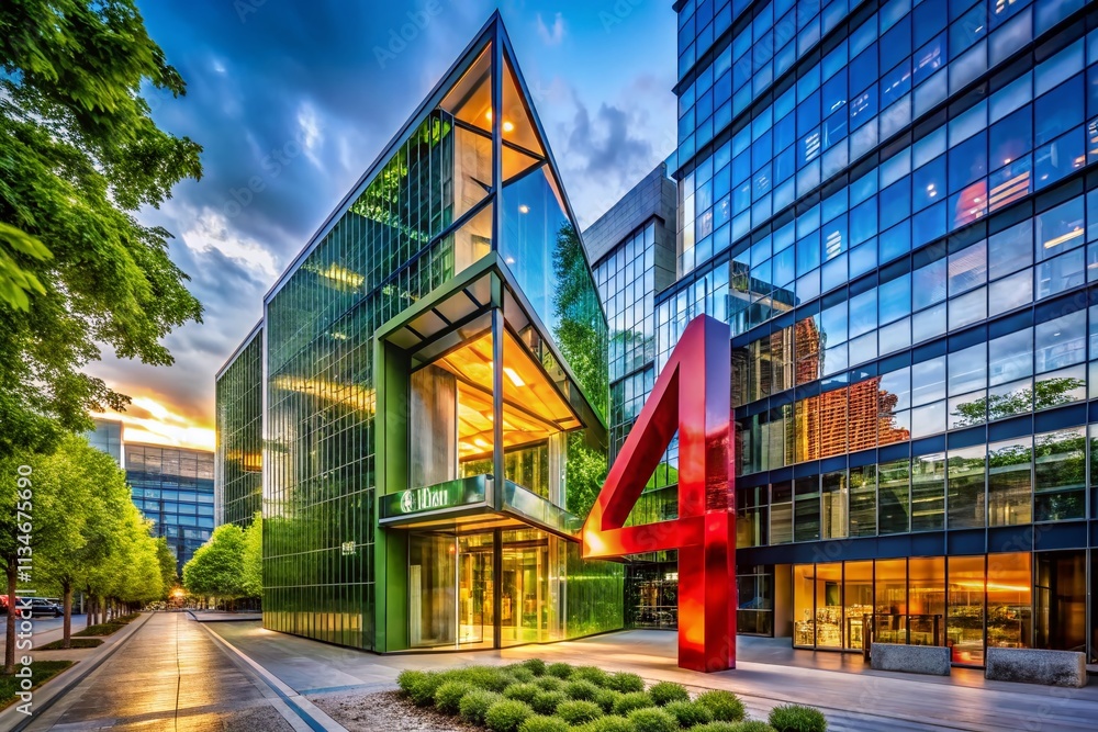 Poster architectural photography of a modern building emphasizing the intricate design of the number 4 and 