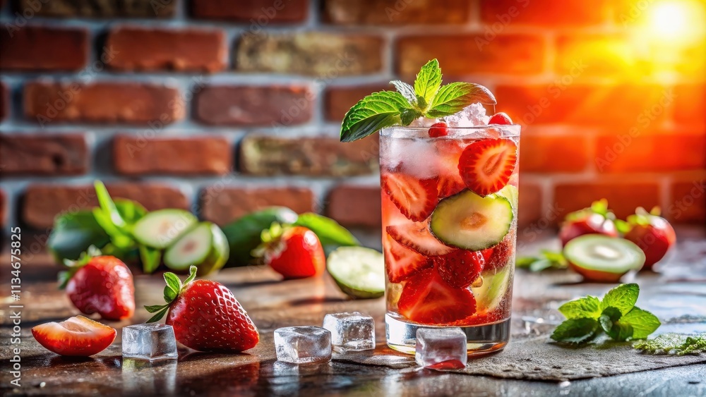 Poster a refreshing summer drink with strawberries, cucumber and mint, with ice cubes and a brick backgroun