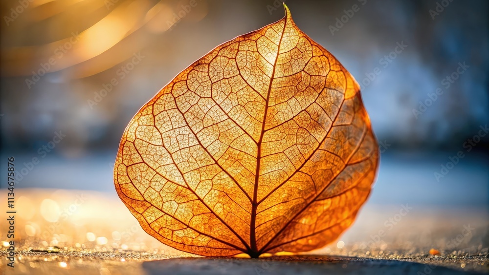 Poster a delicate dried leaf bathed in the golden light of the setting sun, its intricate veins and pattern