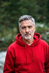Portrait of a Mature Man in a Red Hoodie Natural Forest Setting Outdoor Lifestyle Photography Calm Environment Close-Up Viewpoint Authenticity Concept