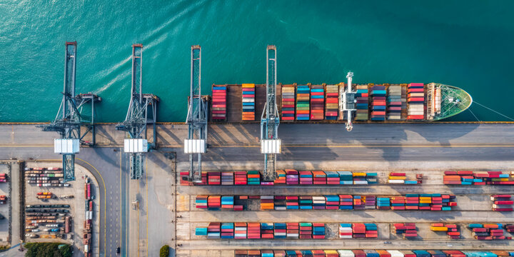 Aerial View of Cargo Ship Docked at Container Port with Cranes