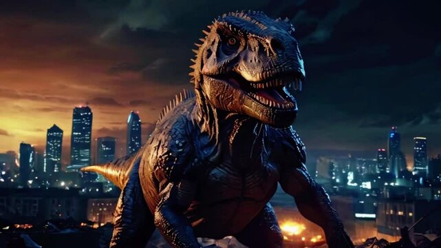 terrible dinosaur trex in the night destroyed city. Apocalypse concept, 4k Wallpaper Background Animation Video