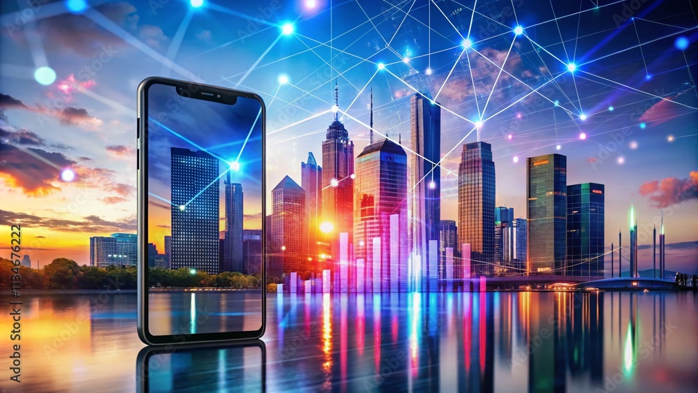 Poster architectural photography of a modern smartphone displaying big data visualization in a futuristic u