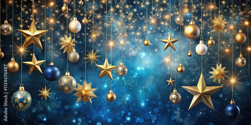 Poster golden and blue christmas ornaments hanging on strings against a sparkling blue background
