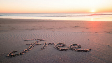 Uplifting New Year message inscribed into sand. Vibrant sunset hues reflecting on tranquil waves. Inspiring words written on sandy shore. Serene seaside at sunset with peaceful coastal background.