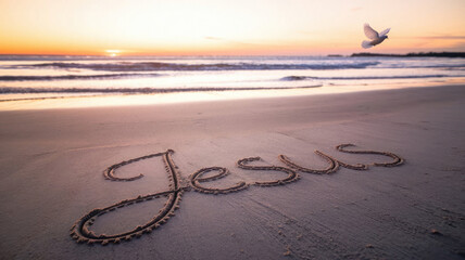 Inspirational words etched on sandy beach at sunset. Vibrant colors of tranquil seaside. Motivational New Year message written in sand. Peaceful waves create serene background at sunset shore.