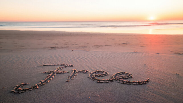 Uplifting New Year message inscribed into sand. Vibrant sunset hues reflecting on tranquil waves. Inspiring words written on sandy shore. Serene seaside at sunset with peaceful coastal background.