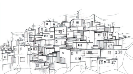 Black and white line drawing of favelas in Brazil, with simple lines
