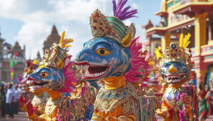 Fototapeta premium Vibrant parade featuring colorful floats and elaborate costumes, showcasing traditional performers with ornate masks and lively expressions. atmosphere is festive and joyful