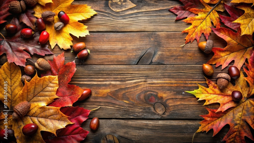 Poster autumn leaves and acorns arranged on a rustic wooden background with copy space