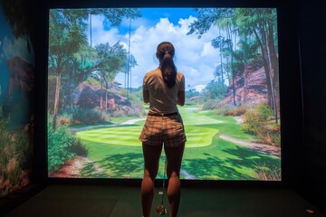 Woman practices golf swing at indoor simulator surrounded by virtual nature