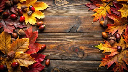 Obraz premium Autumn leaves and acorns arranged on a rustic wooden background with copy space