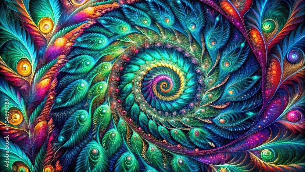 Poster a vibrant, intricate spiral pattern reminiscent of peacock feathers, showcasing a kaleidoscope of ir