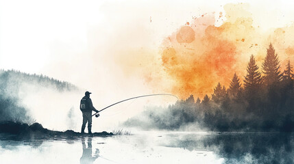 Watercolor, silhouette of a man fishing in a lake