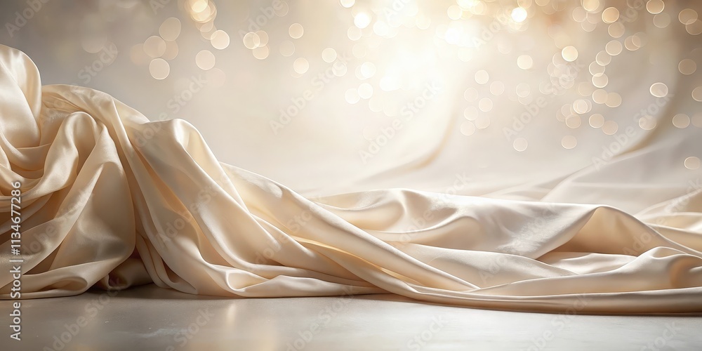 Poster creamy satin draped gracefully against a backdrop of shimmering bokeh lights, creating a luxurious a