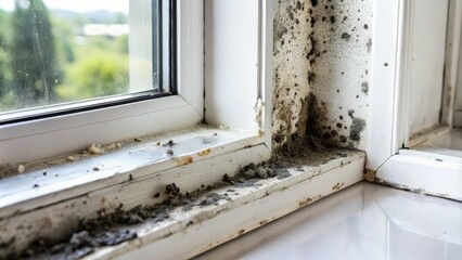 Close-up view of a moldy windowsill, revealing the detrimental effects of moisture and poor ventilation on building materials.