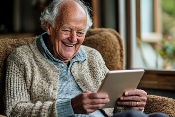 Elderly Man Smiles While Using A Tablet