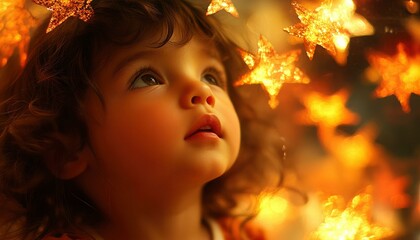 Fototapeta premium Child Wondering at Golden Star Lights
