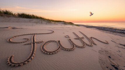 Text inscribed on sandy beach with serene sunset. Vibrant colors of sunset on calm sea. Inspirational New Year resolution etched into sand. Peaceful ocean background with uplifting message.