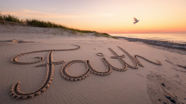 Text inscribed on sandy beach with serene sunset. Vibrant colors of sunset on calm sea. Inspirational New Year resolution etched into sand. Peaceful ocean background with uplifting message.