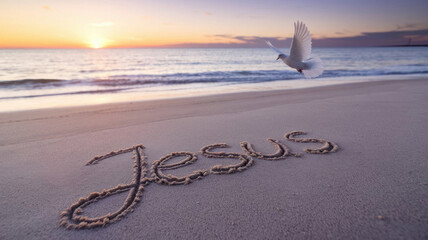 Inspiring text written on sandy beach. Tranquil waves lapping at the shore. Vibrant sunset hues over serene ocean. Uplifting message and New Year’s resolution written on peaceful sand.