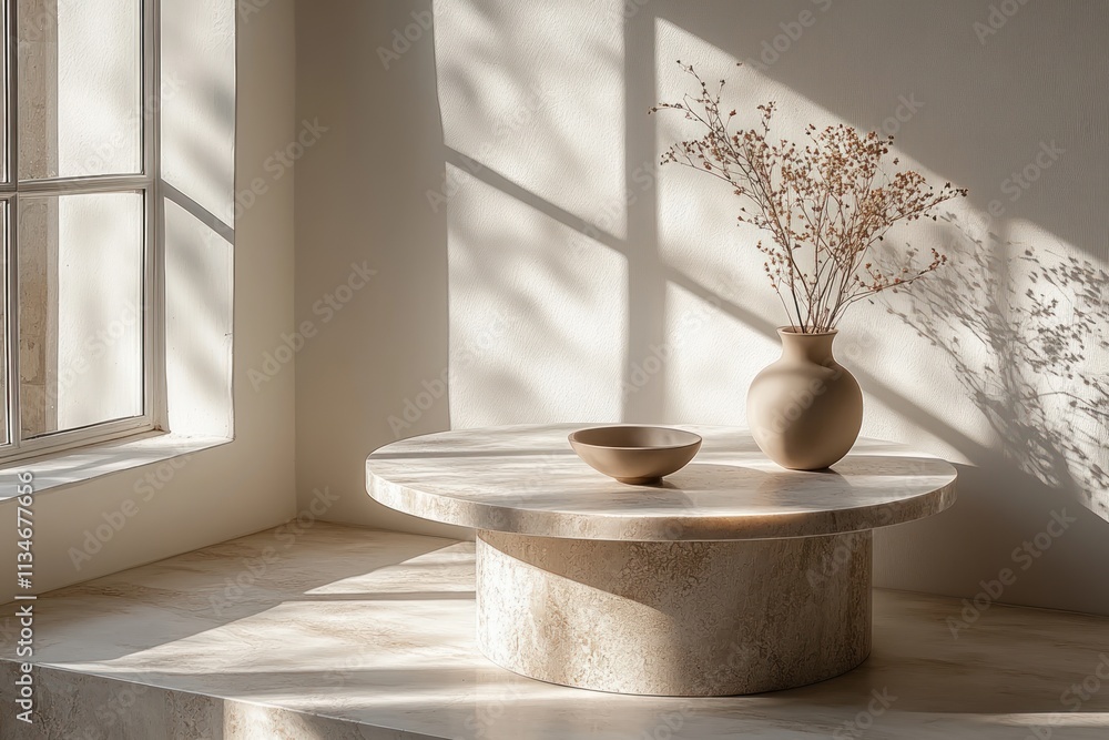 Poster marble round table with abstract shadow on white wall for product display mockup